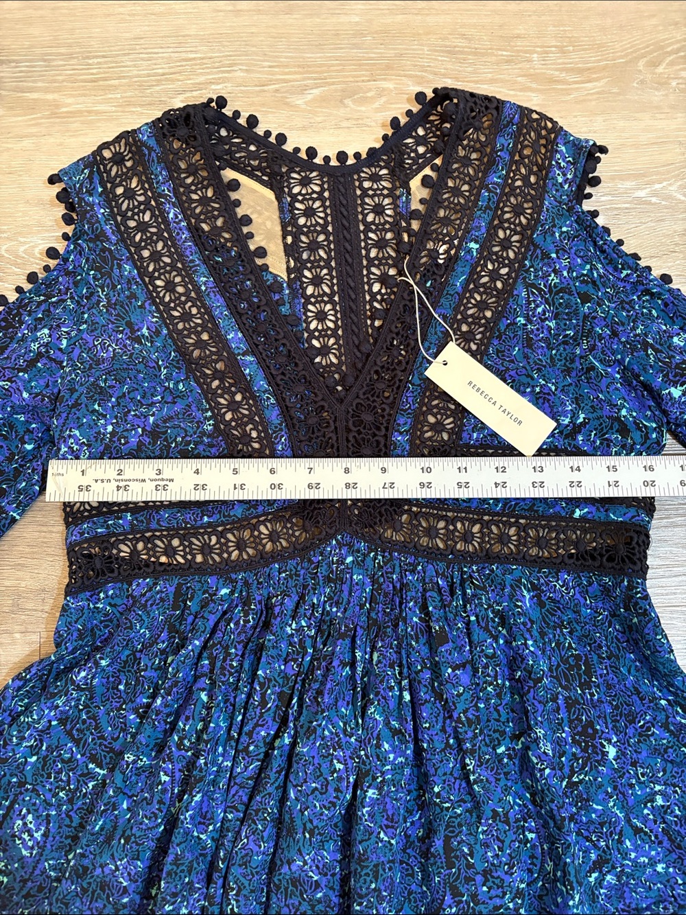 NWT Rebecca Taylor Blue Floral Printed Black Crochet Lace-Pom PomTrim 100% Silk - Picture 6 of 13